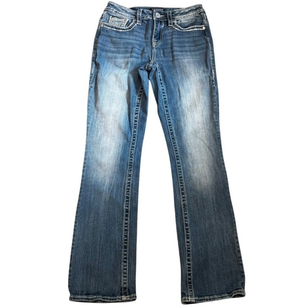 Vigoss Heritage Fit Bootcut Jeans Medium Wash Rhinestone Flap Pocket‎ Womens